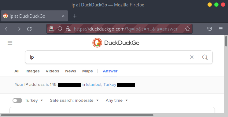 Duck Duck Go search for &ldquo;ip&rdquo;, showing an IP address beginning with 145 located in Istanbul, Turkey