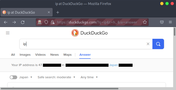 Duck Duck Go search for &ldquo;ip&rdquo;, showing an IP address beginning with 47 located in Japan