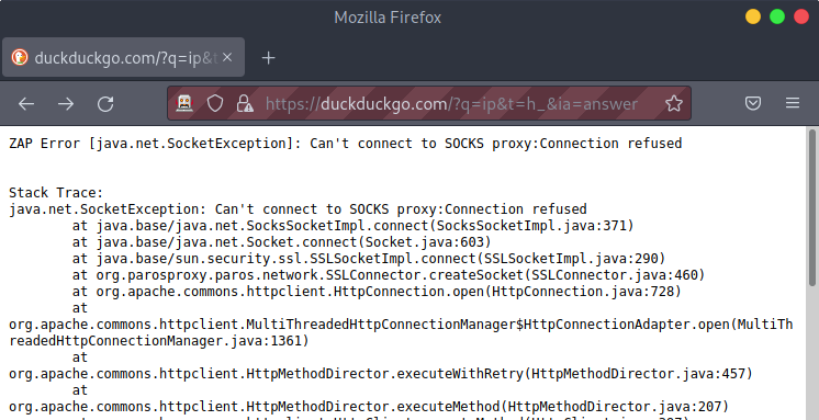 Web browser displaying a &ldquo;Can&rsquo;t connect to SOCKS proxy: connection refused&rdquo; ZAP error message